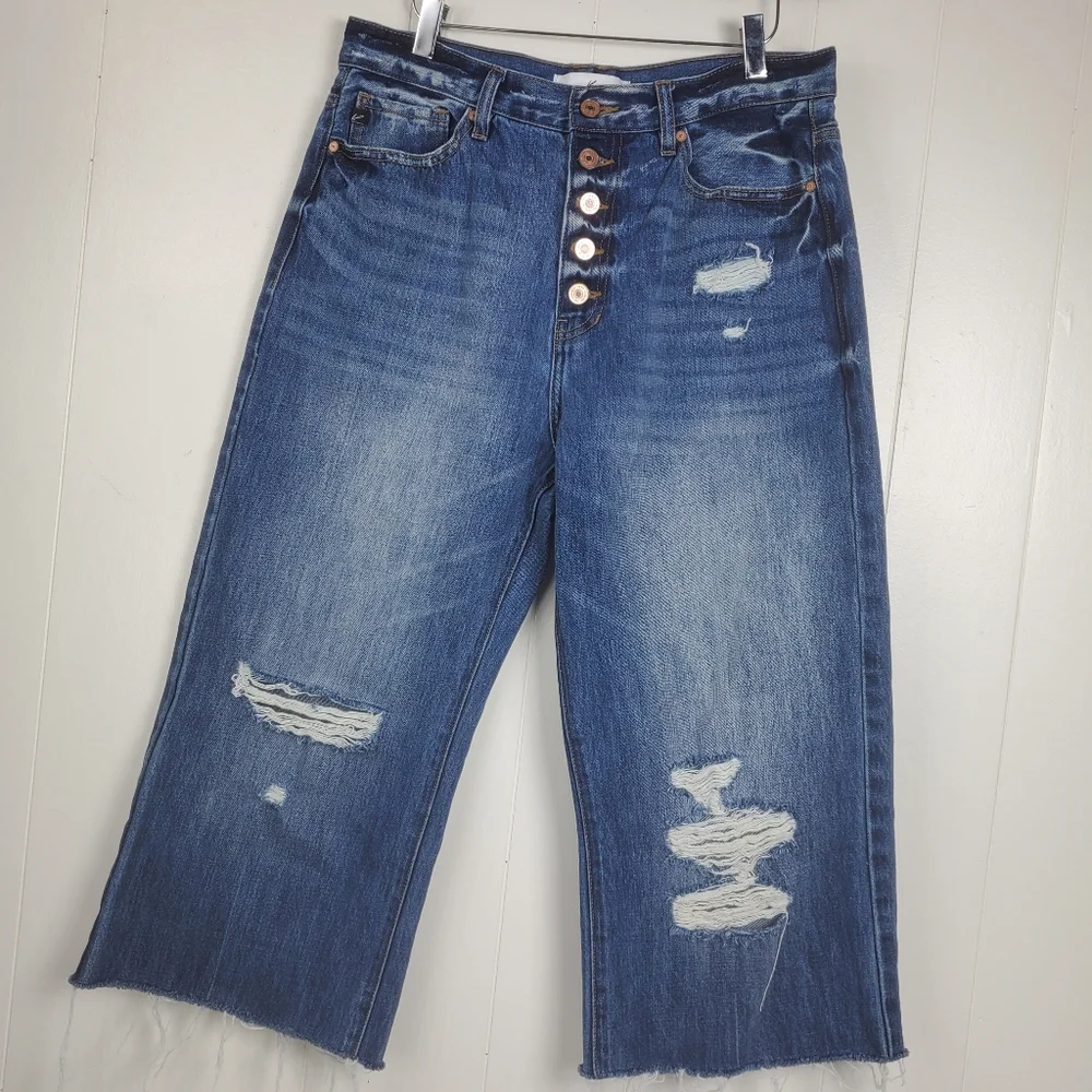 Kancan high waist button fly factory distressed raw hem cropped jeans size 11/29